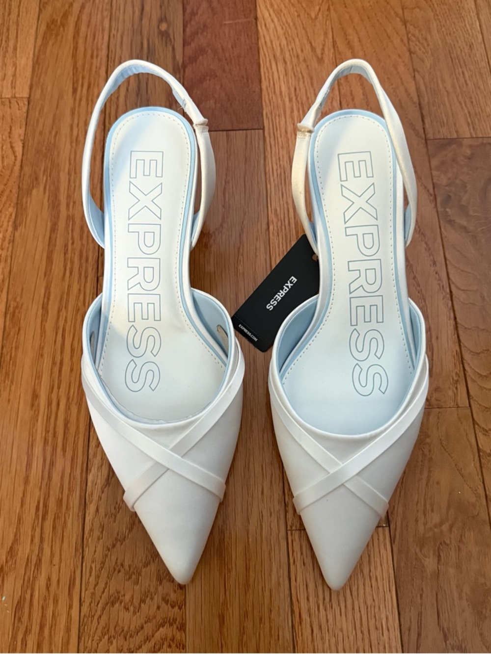 Express White Pointed Slingback Kitten Heels with Cross-Strap Detail